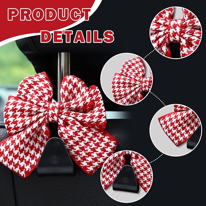 2PCS Car Seat Headrest Hooks, Cute Bow Vehicle Rear Seat Bracket Hook for Purses and Bags, Automotive Purse Hook Hanger, Universal for SUV, Sedan, Truck (Red)
