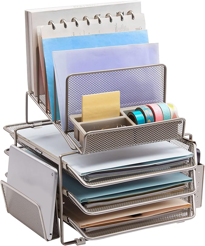 DESIGNA Stackable Mesh Desk Organizer with 3 Sliding Letter Trays 4 File Holders 2 Side Compartments & Pencil Holder Non-slip All In One Desktop Accessories Organizers Office Storage, Champagne