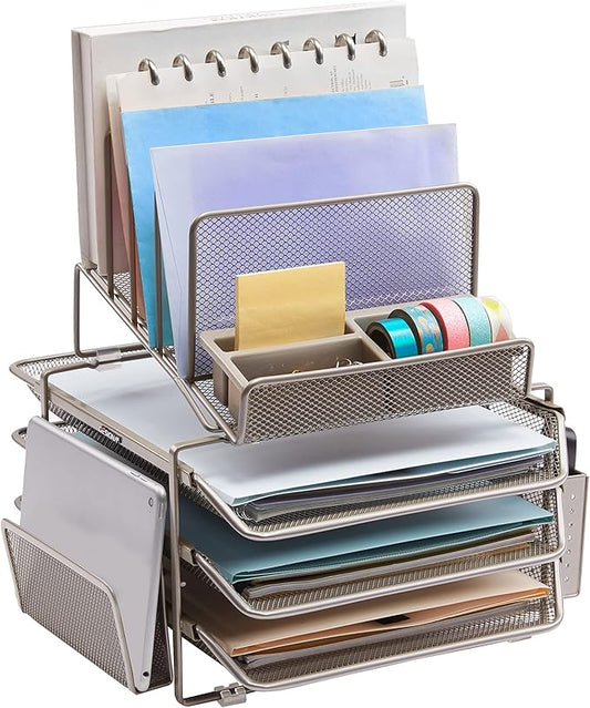 DESIGNA Stackable Mesh Desk Organizer with 3 Sliding Letter Trays 4 File Holders 2 Side Compartments & Pencil Holder Non-slip All In One Desktop Accessories Organizers Office Storage, Champagne