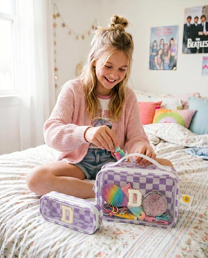 LETGO Preppy Makeup Bag for Women - Monogram Personalized Initial Makeup Bags Cosmetic Pouch Make Up Case for Women Her Best Friend Friendship Sister Teacher,Birthday Gifts for Women(D,Purple&Beige)