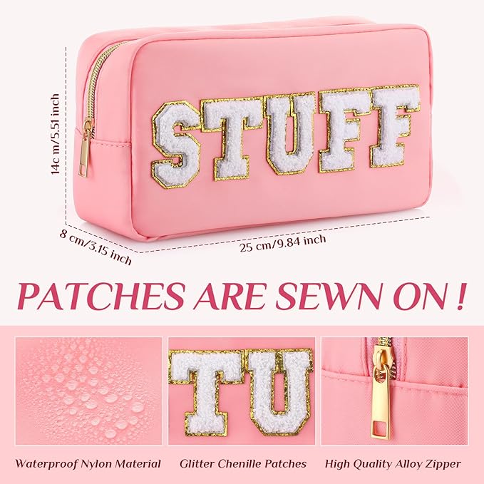 Remerry 4 PCS Nylon Cosmetic Bags Waterproof Spacious Travel Makeup Organizer for Women Chenille Letter Preppy Zipper Pouch Face Stuff Skin Hair Organizer Gift(Pink)