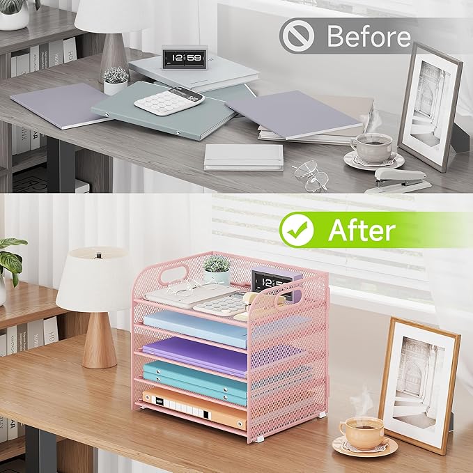 Cawukege 5 Tier Paper Organizer with Handle, Pink Metal Mesh Desk Organizer File Folder Paper Letter Tray Desktop Document Sorter for Classroom, School, Office Accessories Organization and Storage