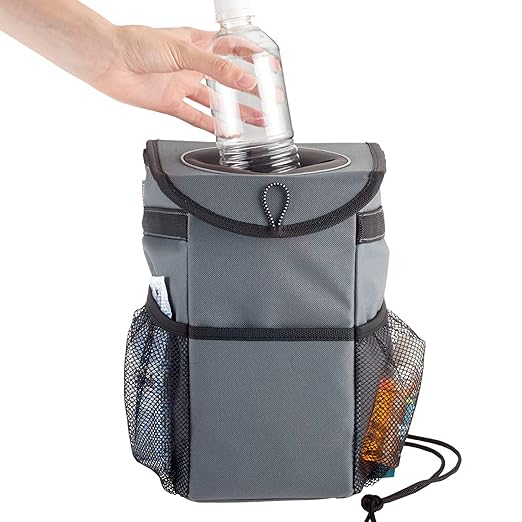 High Road StashAway Heavy Duty Car Trash Can with Rubber Lid, 3 Storage Pockets and Sturdy Panels for Stable Floor or Hanging Seatback Use (Gray)