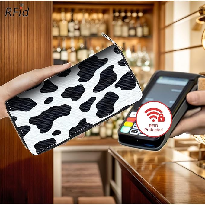 Bxgolkgd Womens Wallet, RFID Blocking Leather Wallet,Large Capacity Wallet Credit Card Holder PU Leather Ladies Clutch with Zipper Coin Pocket - Cute Cow Pattern