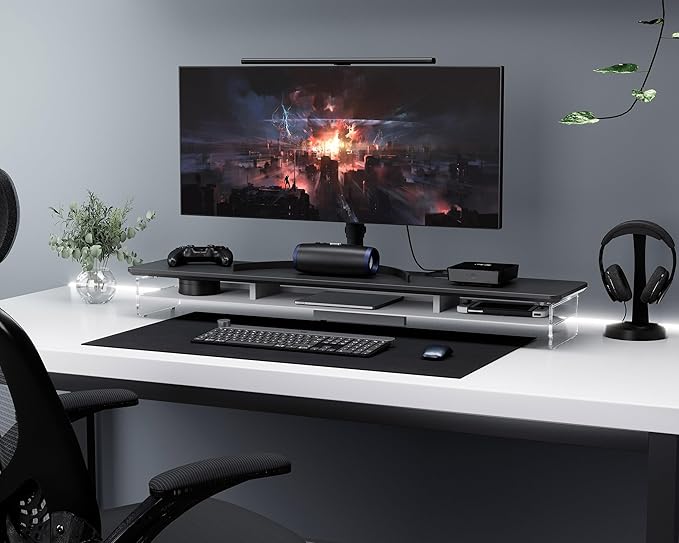 Fenge Acrylic Monitor Stand, 42.5 Inch Clear Dual Monitor Riser with Metal Storage, 2 Tier Computer Riser with LED Lights for Desk, Laptop, Printer, TV