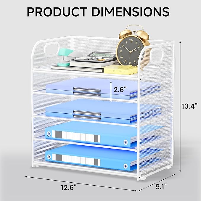 5-Tier Stackable Paper Organizer with Handle, White Metal Mesh Desk Organizer Letter Tray | Office Storage & Organization for Home, School & Workplace