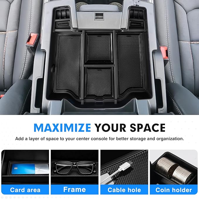 Autorder Center Console Organizer for 2019-2025 2026 Dodge RAM 1500 2500 3500 Accessories - ABS Material Armrest Storage Box Insert Tray - Black&Blue Liners