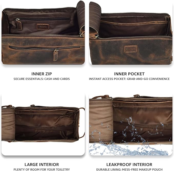 LEATHER VILLAGE Genuine Leather Travel Toiletry Bag - Water-Resistant Dopp Kit for Toiletries, Large Shaving Bag & Bathroom Organizer - Gift for Men & Women - Rustic Brown