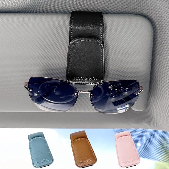 TILDOSAC Sunglasses Holder for Car Visor, Leather Magnetic Sunglass Holder for Car with Clip, Black