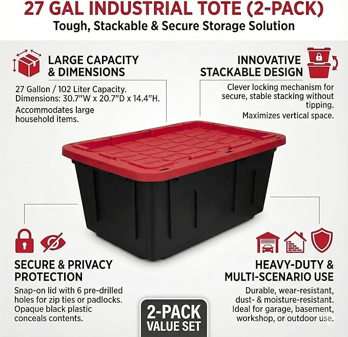 27 Gal Industrial Tote,4 Pack Plastic Storage Bins with Lids Tough Large Storage Bin,Black with Red Lid Plastic Storage,Stackable & Nestable for Garage, Basement, or Outdoor (4 Pack)