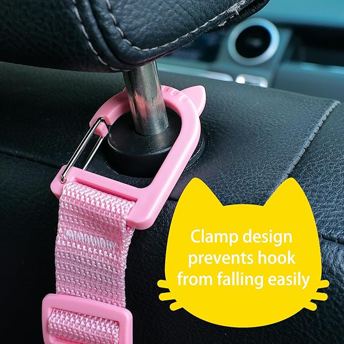 Amooca Car Headrest Hooks 4 Pack Adjustable Universal Fit Auto Seat Back Organizer Storage Hanger Purse Bags Holder with Clip Pink