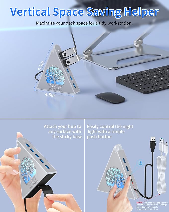7-Port USB 3.0 Hub, Silver Vertical USB Expander with Tree-Themed RGB Lighting, 5Gbps Transfer Speed, 2FT Extension Cable, for MacBook, Laptop, Desktop, Xbox, Flash Drive, Printer