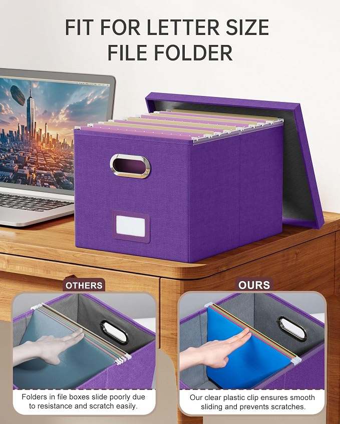 Oterri 2 Pack File Storage Organizer, Filing Box, Portable File Box with Lid, Fit for Letter/Legal File Folder Storage, Document Organizer, Purple