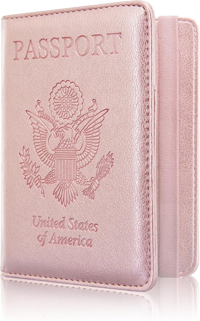 ACdream Passport Holder Cover, Leather Travel Wallet Case, RFID Blocking Document Organizer Protecrtor, with Slots for Credit Cards, Boarding Pass, for Women and Men, Rose Gold