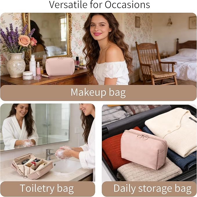 Fabric Cosmetic Bag with Multi-Compartments - Machine Washable Makeup Organizer, Water-Resistant Travel Toiletry Pouch, Lightweight Portable Beauty Bag for Purse Light Pink