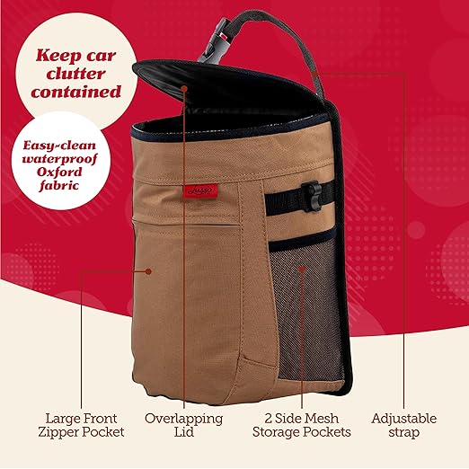 Lusso Gear Spill-Proof Car Trash Can - Easy to Clean Hanging Garbage Bin - Leak-Proof Lid, Removable Liner, Waterproof - Keeps Truck, SUV, Car, Minivan Clean & Odor Free - 2.5 Gallon Tan Car Trash Can