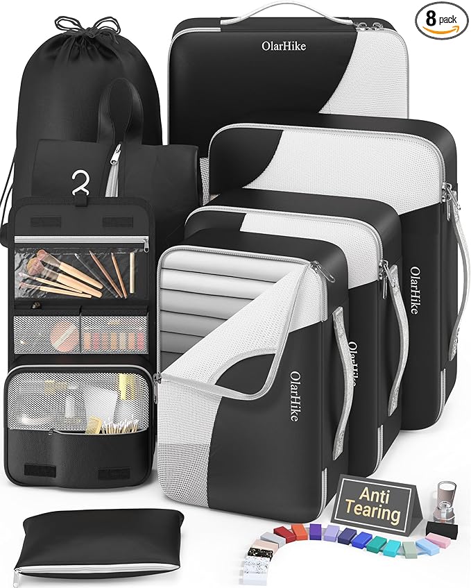 8 Set Packing Cubes for Travel, Gifts for Men,Anti-Tearing Suitcase Organizer for Luggage with Shoe & Hanging Toiletry Bag, OlarHike Vacation Accessories for Cruise, Travel Essentials for Men, Black