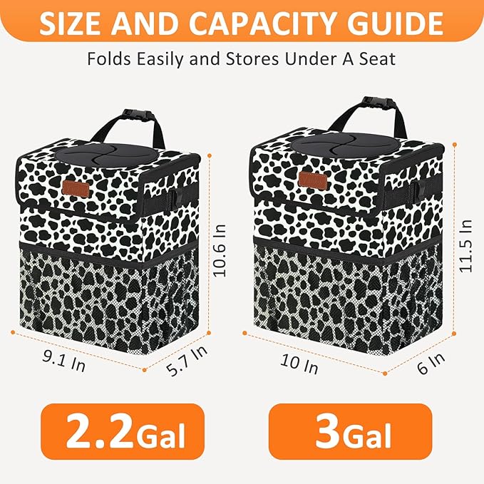 Vankor 3 Gallons Car Trash Can with Lid, Car Bag Bin Hanging Waterproof Automotive Garbage Cans Leak Proof Vehicle Trash Can Cow Print