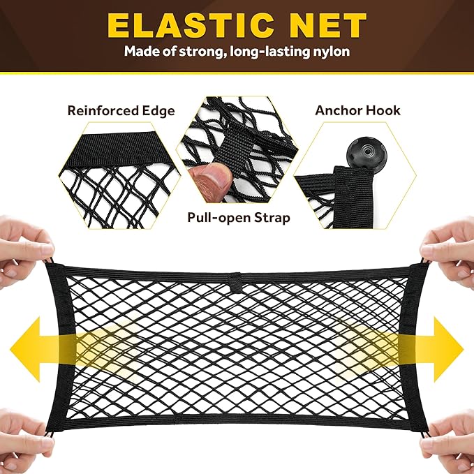 BUMBEE 2 Pcs Universal Elastic Mesh Netting Mesh Cargo Net, Envelope Netting, Elastic Pocket Pouch Bungee Organizer for Car Seat Back RV Wall Trunk, Hooks & Screws Included (23.6'' x 9.8'')