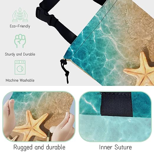 Starfish Seashell Car Trash Bag,Hanging Drawstring Car Garbage Bag,Waterproof Canvas Car Back Seat Organizer with Adjustable Buckle,for Vehicles,SUVs,Camping,Road Trips