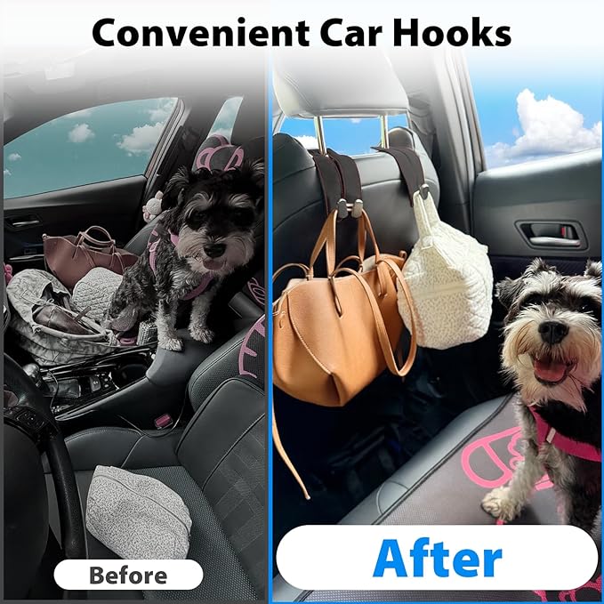 Travel Depot Headrest Hooks for Car, Purse Hook for Car, Premium Leather Twin Hook Car Seat Hooks, Double Hook Seat Back Storage Organizer for Purses, Bags, SUV, Truck, Vehicle, 2 Pack, Black