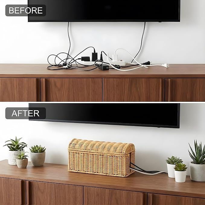Large Rattan Cable Management Box, Decorative WiFi Router & Modem Hider | Ventilated, Waterproof, Easy Clean, No Assembly, Decorative Cable Organizer