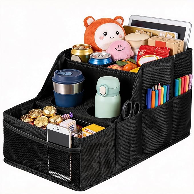 Car Seat Organizer Backseat and Passenger Seat Organizer with 9 Compartments 2 Cup Holders Car Organizer Front Seat Storage for Travel Kids，Black