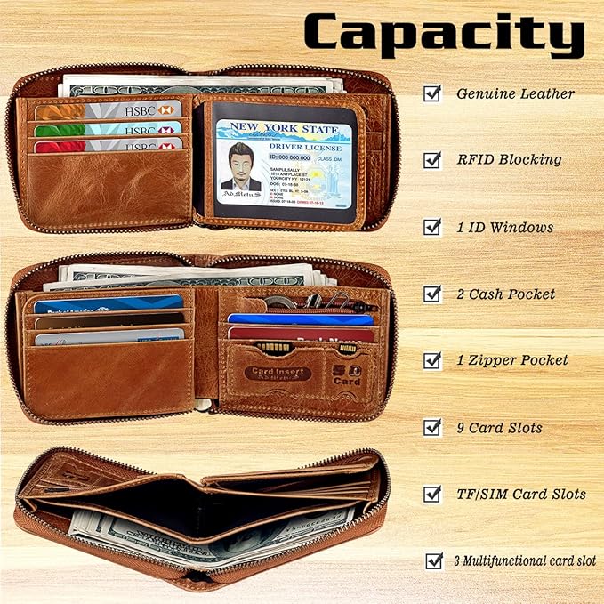 Admetus Mens RFID Blocking Wallets Zipper Leather Wallet for Men Bifold RFID Card Holder