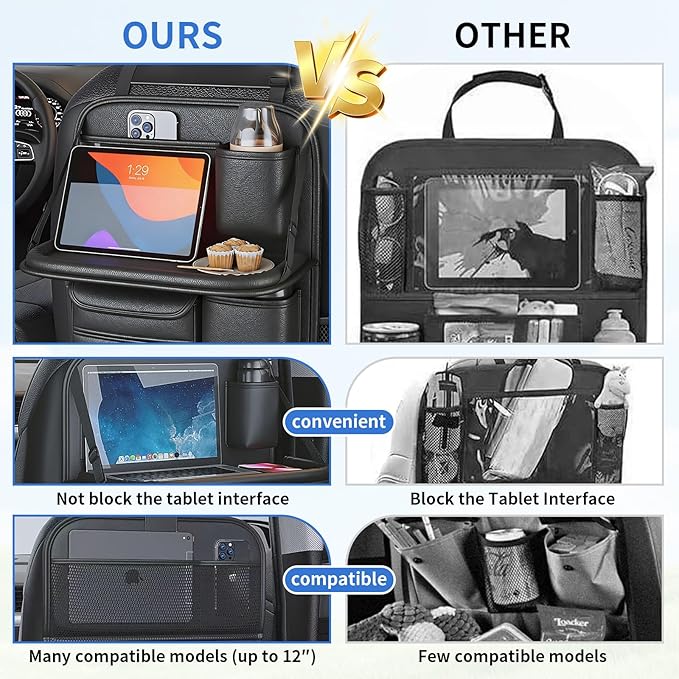 Car Seat Back Organizer with Foldable Tray, Car Seat Back Protector, Premium Leather Kick Mats, Multiple Storage Pockets, Travel Accessories for SUV Truck (Short)