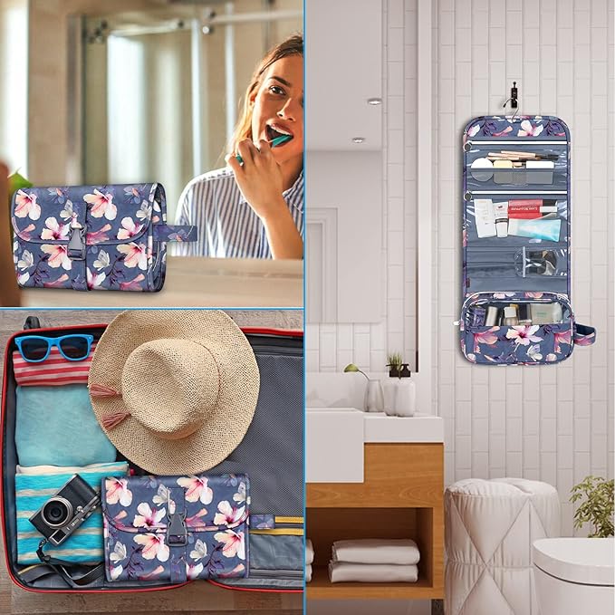 Fintie Portable Toiletry Cosmetic Travel Bag, Large Water Resistant Hanging Makeup Organizer Storage Pouch Case for Women Girls (Blooming Hibiscus)