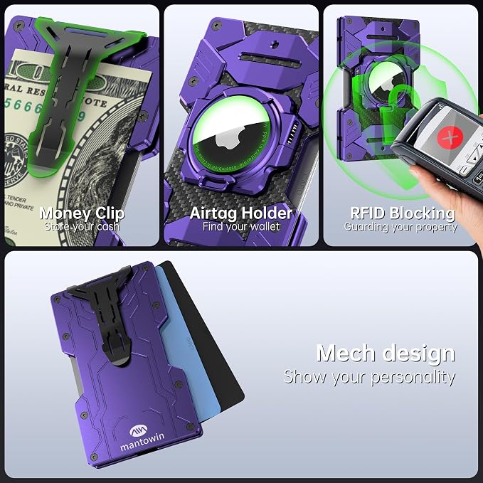 Minimalist Wallet for Men with AirTag Holder, Credit Card Holder RFID Blocking Wallet, Small Aluminum Metal Wallets with Money Clip (Purple)