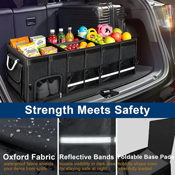 Car trunk organizer, Collapsible Multi-Compartments Car trunk Organizer with Shoes Storage Space, Reflective Strip, Perfect for Car & SUV (34.5 * 13.8 * 11.8 INCH)