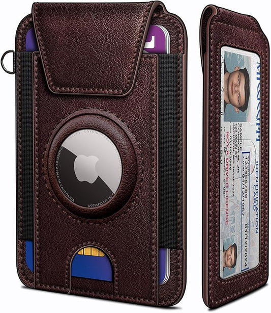 miyozi Ultra Slim AirTag Card Holder for Men - RFID Blocking Minimalist Wallet with Magnetic Flap, 0.25" Thin No Bulge Pocket Wallet, Holds 6-8 Cards with ID Window, Gift Boxed