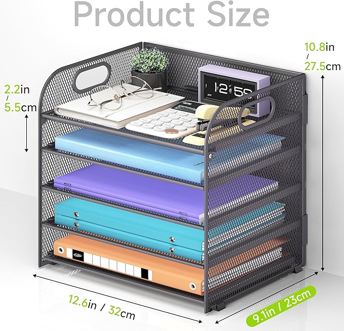 Cawukege 5 Tier Paper Organizer with Handle, Grey Metal Mesh Desk Organizer File Folder Paper Letter Tray Desktop Document Sorter for Classroom, School, Office Accessories Organization and Storage