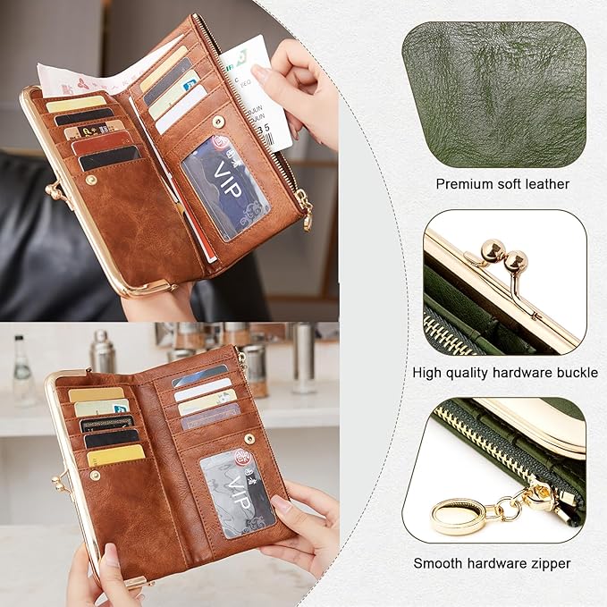 Vintage Wallets for Women Large Bifold Kiss Lock Wallet for Women Leather Zip Clutch Coin Purse