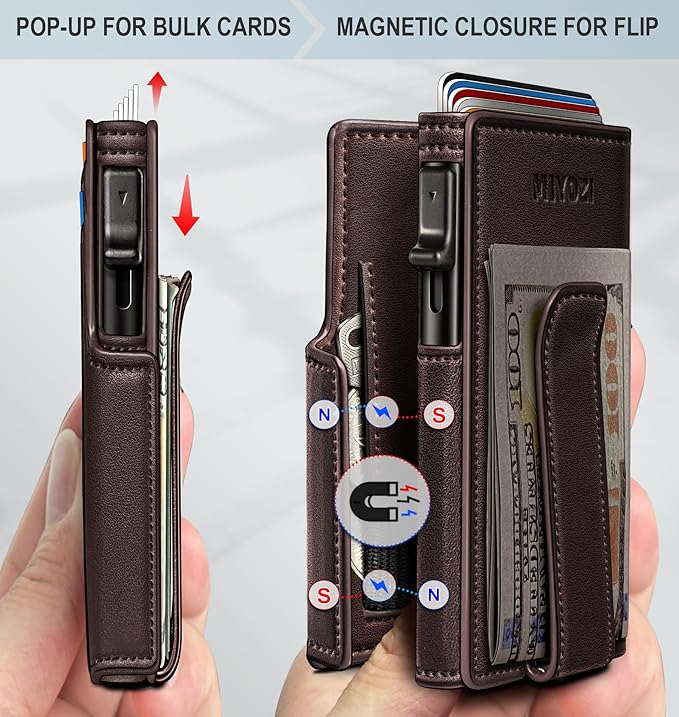 miyozi Men Wallet,with Money Clip Coins Pocket ID Window,Slim Front Pocket RFID Blocking Pop-up Card Holder 3.9"x 2.7", Gift Boxed