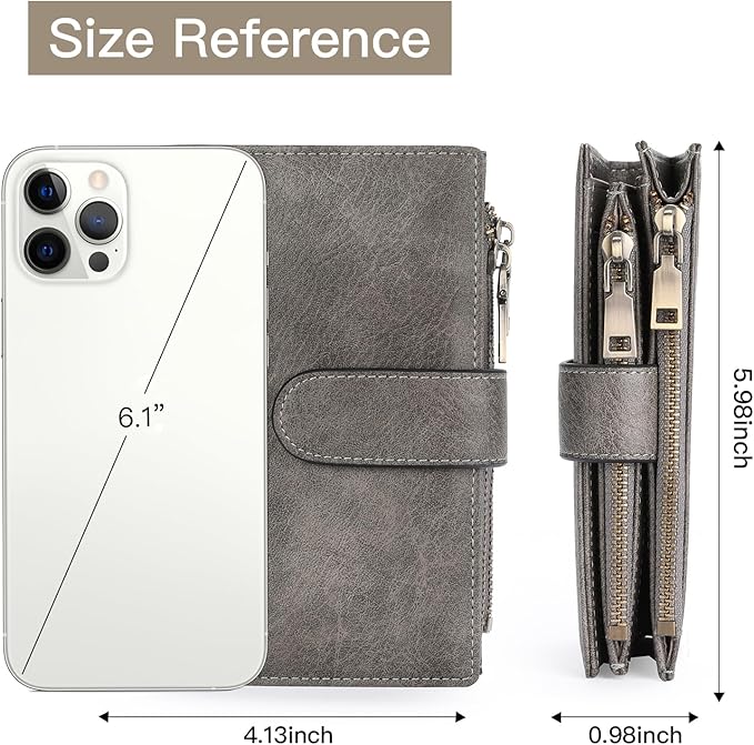 GOIACII Womens Wallets RFID Blocking Leather Trifold Clutch Wallet Credit Card Holder Ladies Purse 3 ID Windows Grey