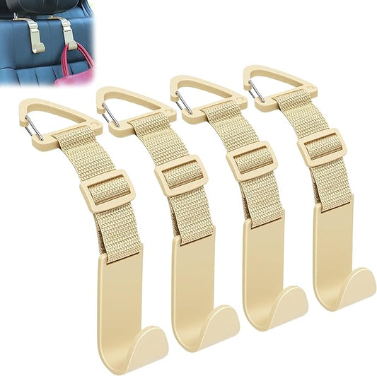 Amooca Headrest Hooks for Car Adjustable 4 Pack Vehicle Seat Back Organizer Storage Hanger Holder for Purse Bags Universal Fit with Clip Beige