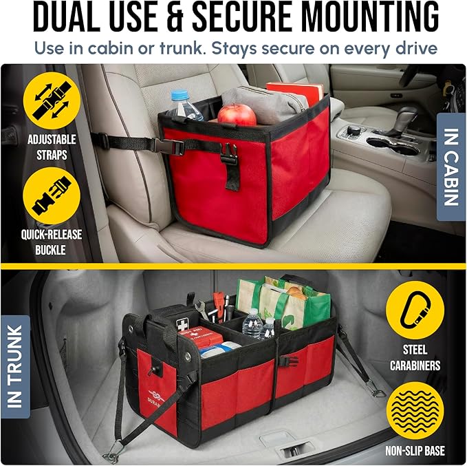 XL Trunk Organizer 3-Section Modular – Extra Large Car Storage for Groceries & Travel Gear, Multi-Compartment Foldable Cargo Bin – Red