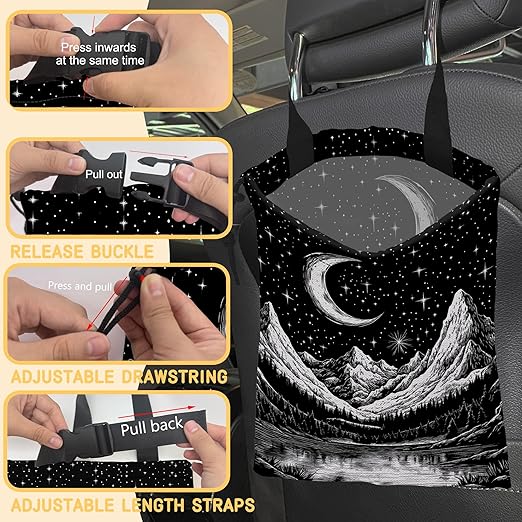 Moon and Lake River Car Garbage Bag,Mountain Night Sky Small Car Trash Bag Hanging Back of Seat,Drawstring Car Trash Bag with Adjustable Buckle,Car Accessories for Camping Travelling