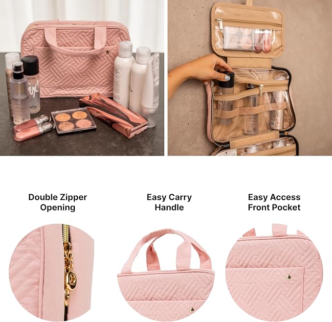 Carrywell Toiletry Bag Travel Bag with Hanging Hook, Makeup Organizer Case, Water-Resistant Cosmetic Bag For Full-size Containers, Toiletries, Pink Medium, Not Made In China