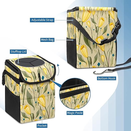 Yellow Tulip Flower Green Leaves Retro Auto Garbage Can with Lid - Leak-Proof Car Storage Bag - Hanging for Headrest - Portable Car Backseat Organizer