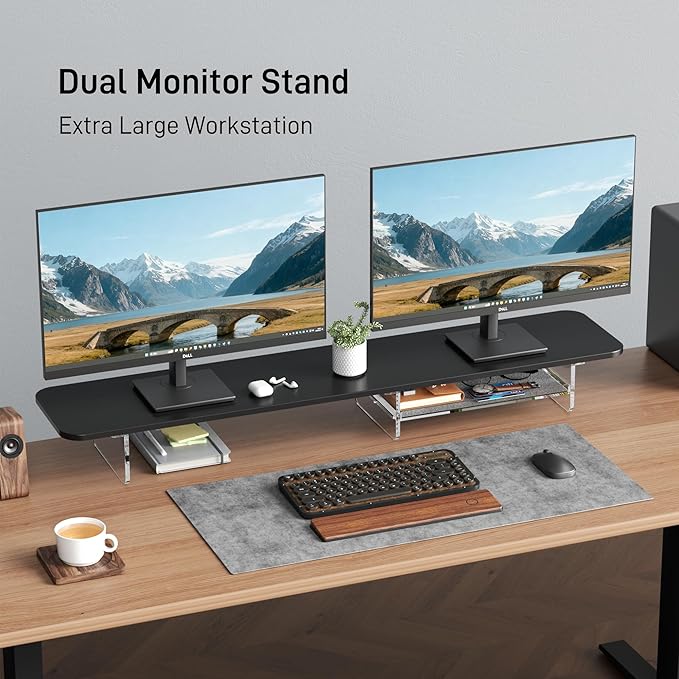 AFOOYO Large Dual Monitor Stand For Desk,43 Inch Desktop Computer Riser with Felt Drawer Acrylic Legs Desk Shelf Organizer For Computer/Laptop/PC/Printer/TV