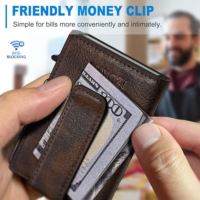 miyozi Wallet for Men with Money Clip Coins Pocket ID Window Gift Boxed,Slim Smart Front Pocket RFID Blocking Wallet Pop-up Card Holder in Magnetic Leather Flip 3.9"x 2.7"