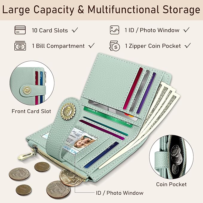 Kelvoris Small Rfid Women Wallet Bifold Zipper Coin Pocket PU Leather Compact Cash Credit Card Holder Travel Wallet for Female Ladies Teen Girls 1 ID Window 10 Card Slots Sage Green