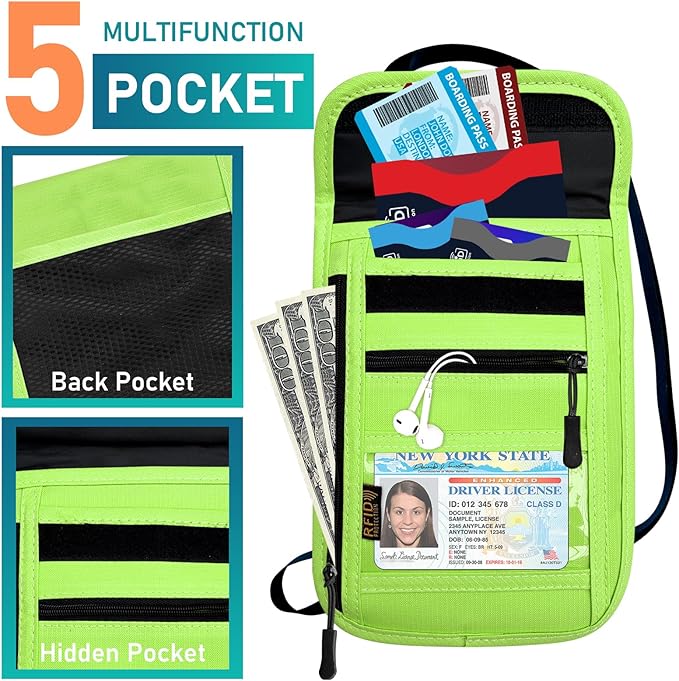 Travel Neck Wallet & RFID Blocking Sleeves for Men and Women, Neck Money Pouch Anti Theft Travel Document Organizer with Adjustable Strap - Green
