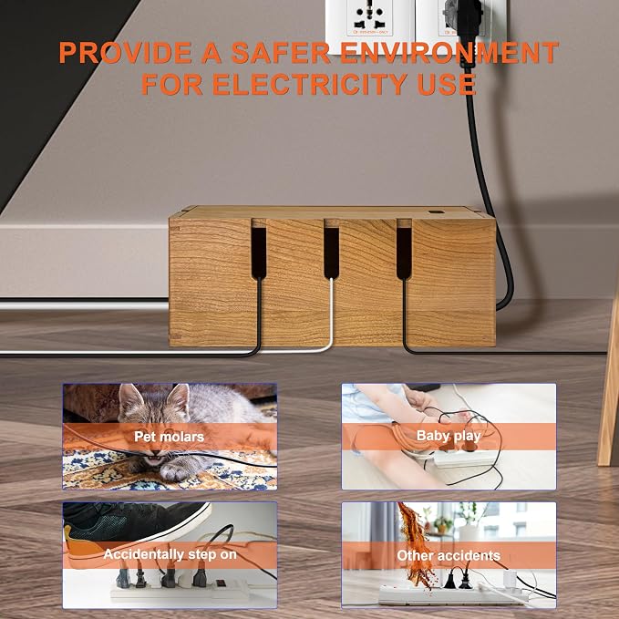 Elitzia Wood Cable Tidy Box Large Desk Cable Management Box Cord Wire Organiser for Hiding Messy Cables Wire Management Natural Cherry Wood Cables Storage Tidy Boxs for Home Salon SPA Office ETCHER01