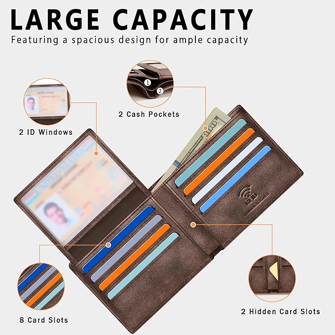 Travelambo Genuine Leather Wallet for Men with Gift Box - Handmade Bifold Stylish - Mens Wallets Rfid Blocking with 2 ID Windows