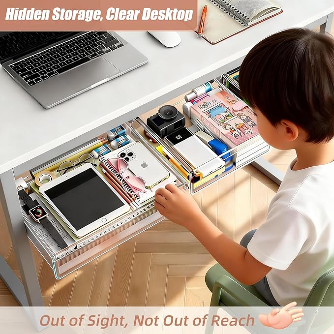 3-Pack Under Desk Drawer for Desk with Frame & Beam, Fits Where Standard Drawers Can't, 52mm Heightened Slide Out Organizer, Dual Adhesive or Screw Mount, Clear PET Under Table Storage