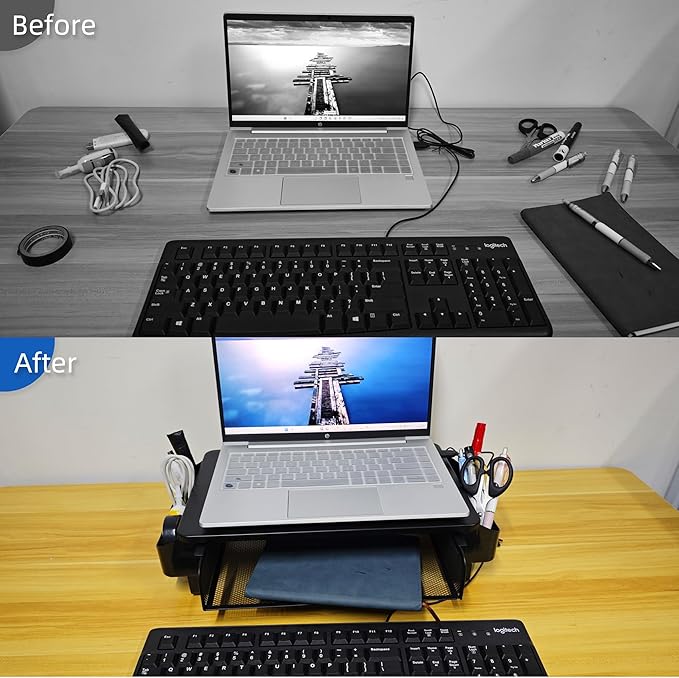 Monitor Stand Riser, Metal Laptop Stand with Storage, Printer Stand with Vented Drawer and Side Storage, Desk Organizer for Monitor, VMMR01-WDB